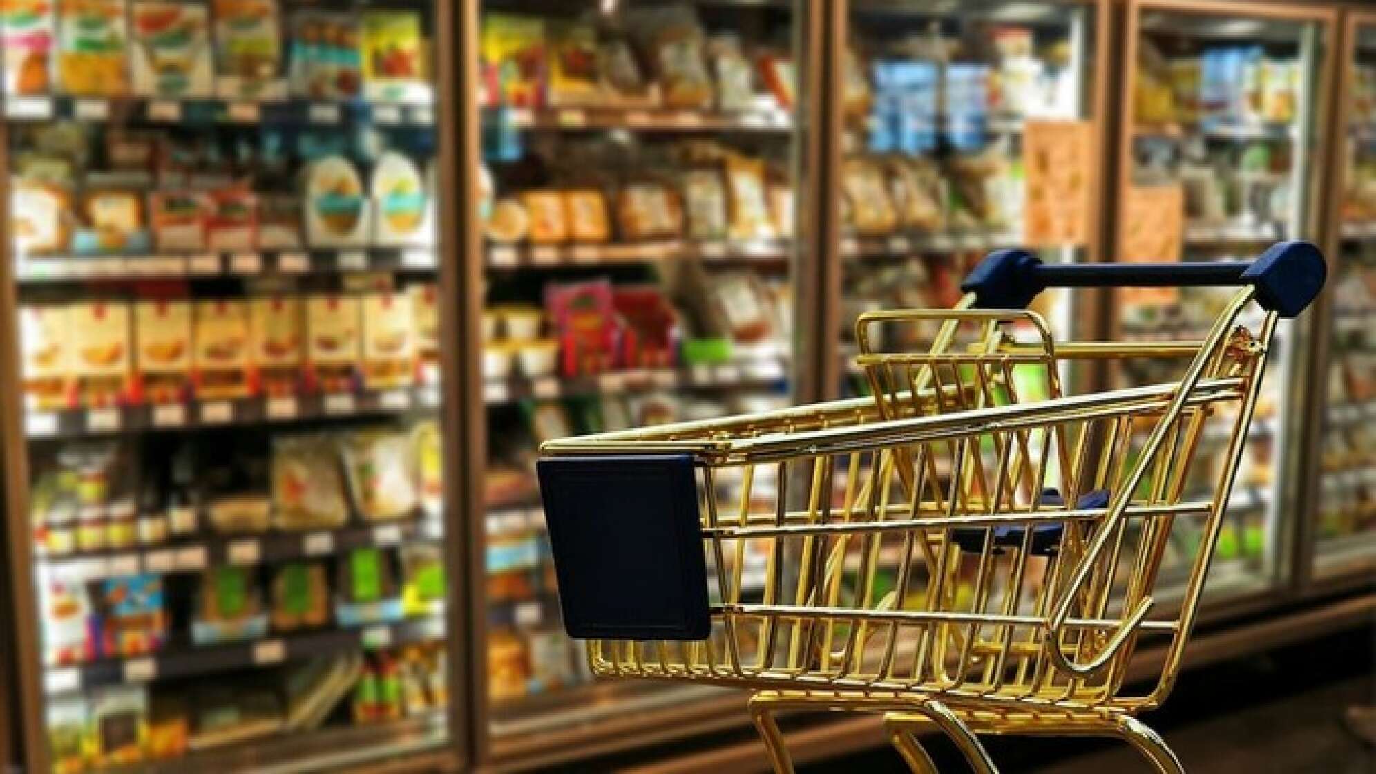 Leerer Einkaufswagen vor vollen Supermarktregalen